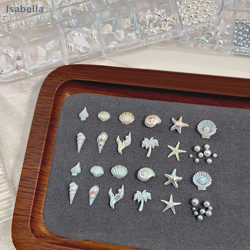 💕 12 grilles/boîte 3D étoile de mer et coquille décorations Nail Art, coquillage aurore et palmier b