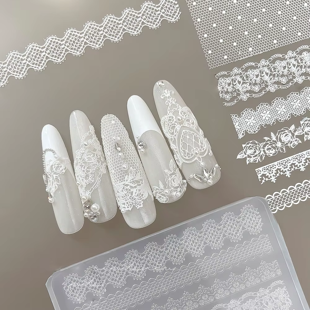 1 pièce Moule en silicone 3D pour nail art, motifs dentelle rose, ajouré, français, à carreaux, brel