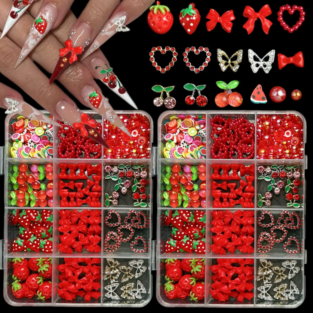 Breloques 3D cerise rouge/fraise/arc pour Nail Art, 12 grilles, alliage papillon/amour/ruban Y2K, dé