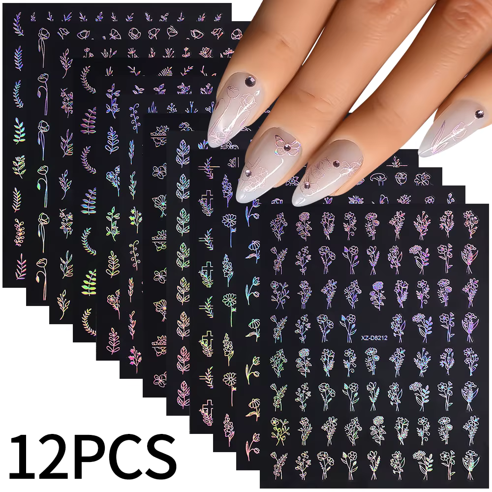 12 pièces/ensemble 3D feuille brillante fleur Nail Art autocollant Laer or bronzant feuilles ongles 