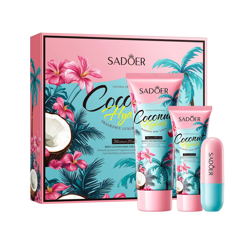 Coffret cadeau de luxe hydratant en noix de coco, Lotion pour le corps, crème pour les mains, baume 
