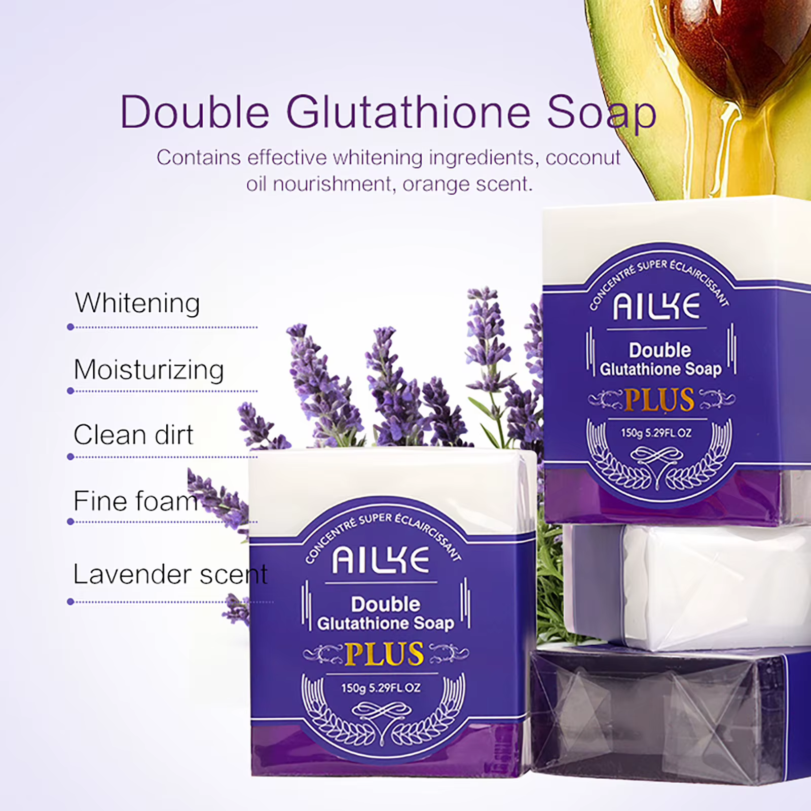 AILKE Barre de savon éclaircissante, avec glutathion et lavande organiques, pour le visage, le corps