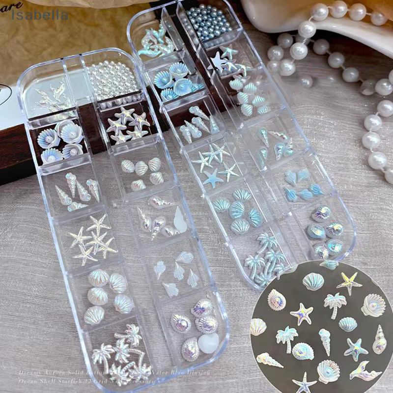 💕 12 grilles/boîte 3D étoile de mer et coquille décorations Nail Art, coquillage aurore et palmier b