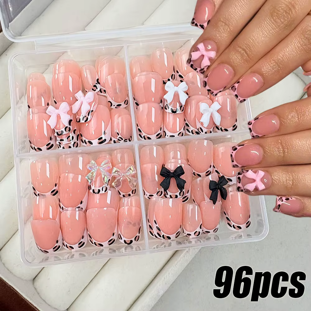 24/96 pièces nu léopard français nœud papillon faux ongles court rond carré presse sur ongles Y2K mi
