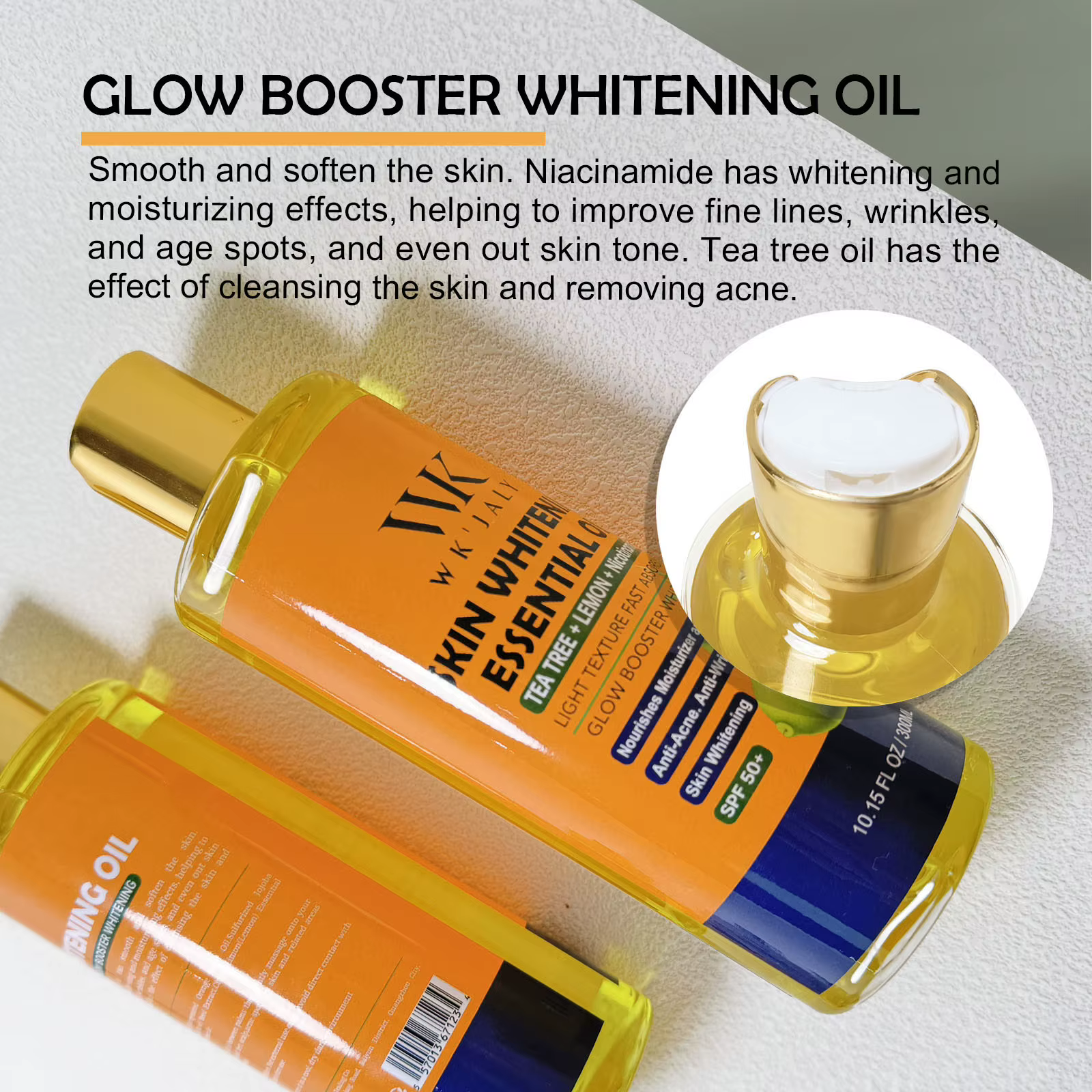 WK JALY Huile corporelle éclaircissante Niacinamide pour toute la peau, avec arbre à thé, citron, él