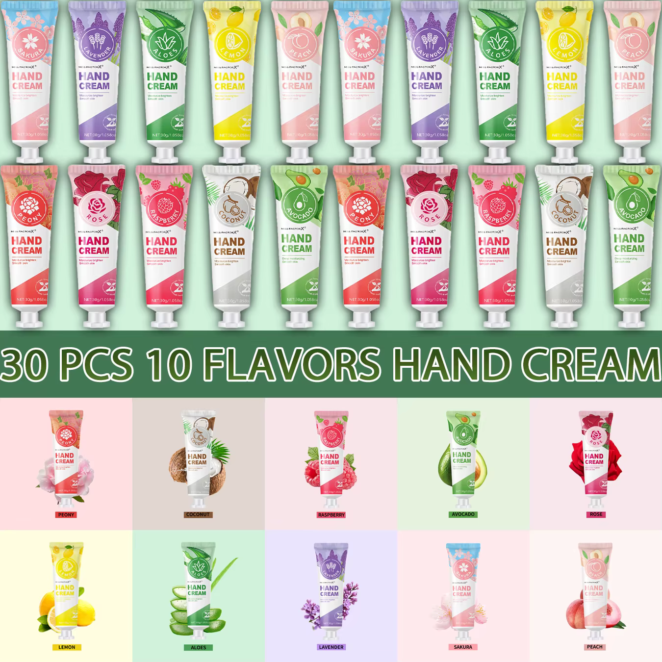 Ensemble de 30 crème pour les mains, 10 parfums, crème pour les mains basse sensibilité, format voya