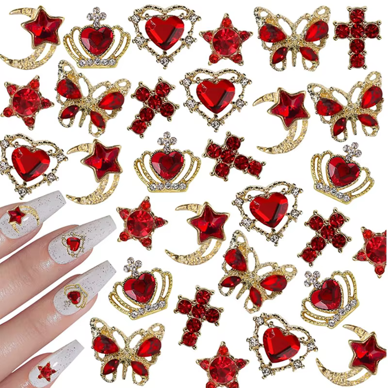 30 Breloques Roses pour Ongles en Alliage, Strass 3D Étoile Papillon Cœur Croix, Pierres Précieuses,