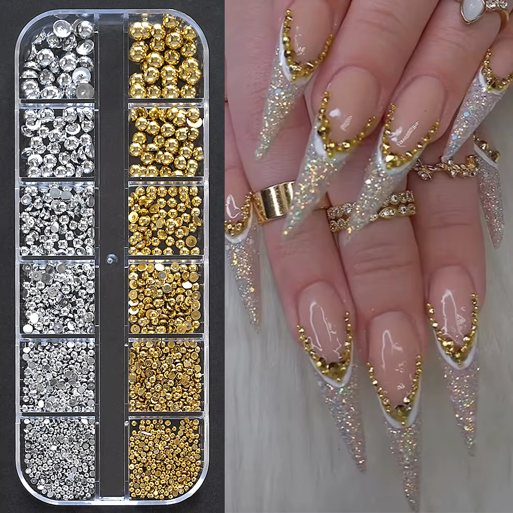 12 grilles de perles de Caviar 3D pour ongles, breloques en métal or argent, bijoux, boules en acier