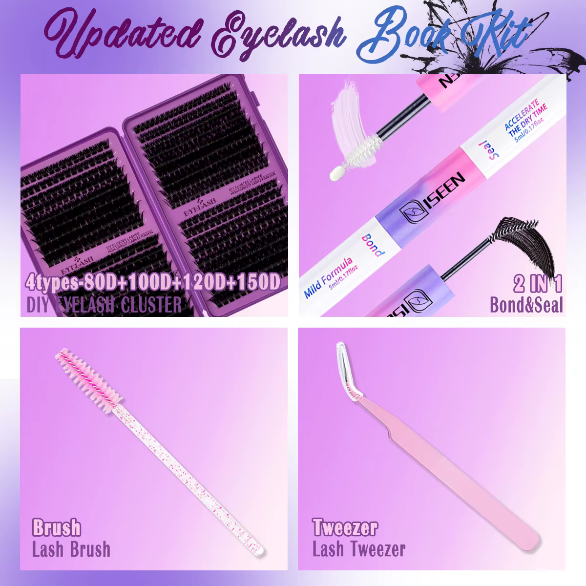 Kit de cils en grappes DIY, kit d'extension de cils grande capacité, courbure D, avec colle et fixat