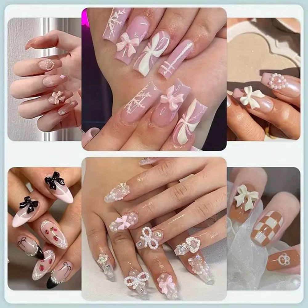 Boîte de breloques pour ongles, mélange de perles, nœud papillon/étoile/lune, ruban en résine/fleur