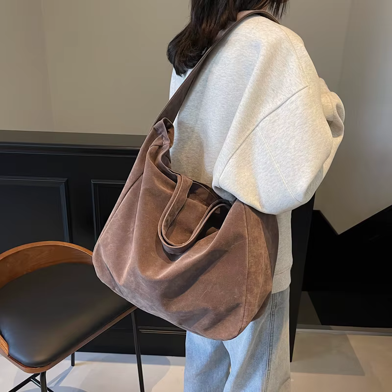 Sacs fourre-tout vintage en daim pour femmes, grand sac à bandoulière initié, sac à livres étudiant 