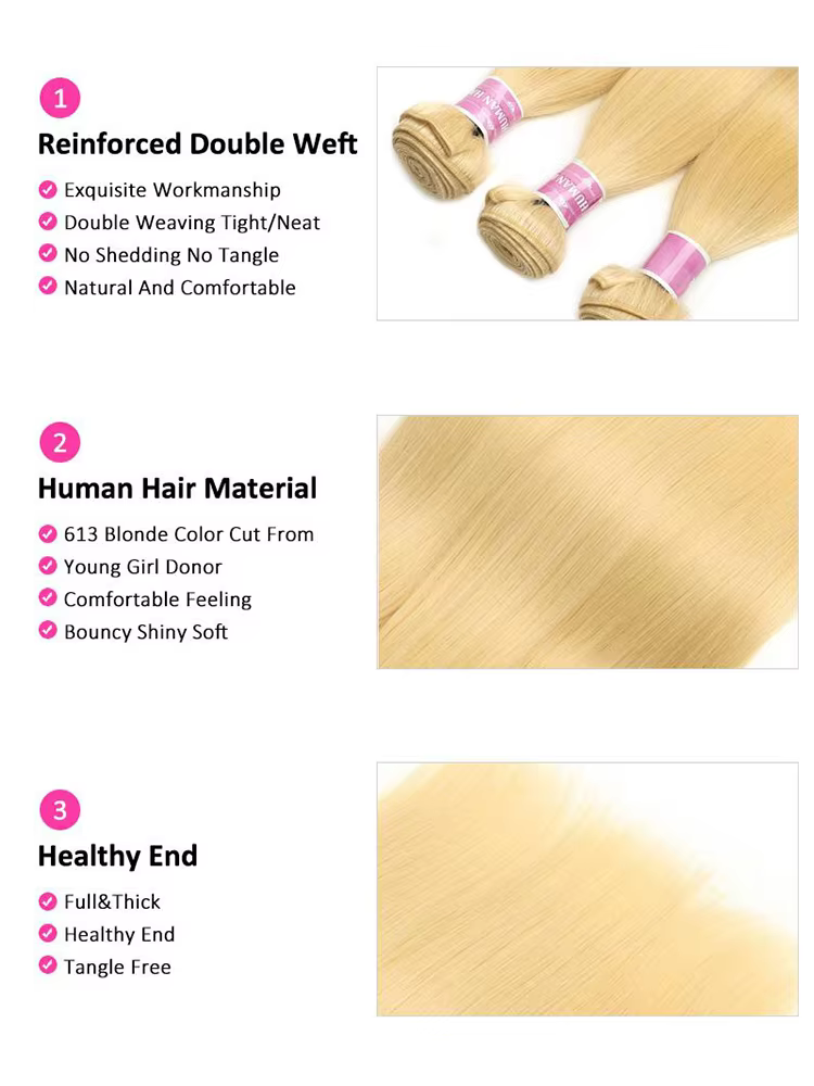 Tissage en Lot Brésilien Naturel Remy Lisse Blond Miel, Extension de Cheveux Humains, 36 38 40 Pouce
