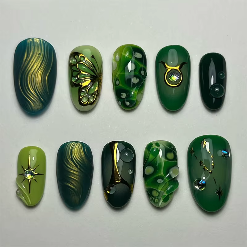 24 faux ongles en amande mi-longs à presser avec motif fleur insecte, couverture complète, réutilisa
