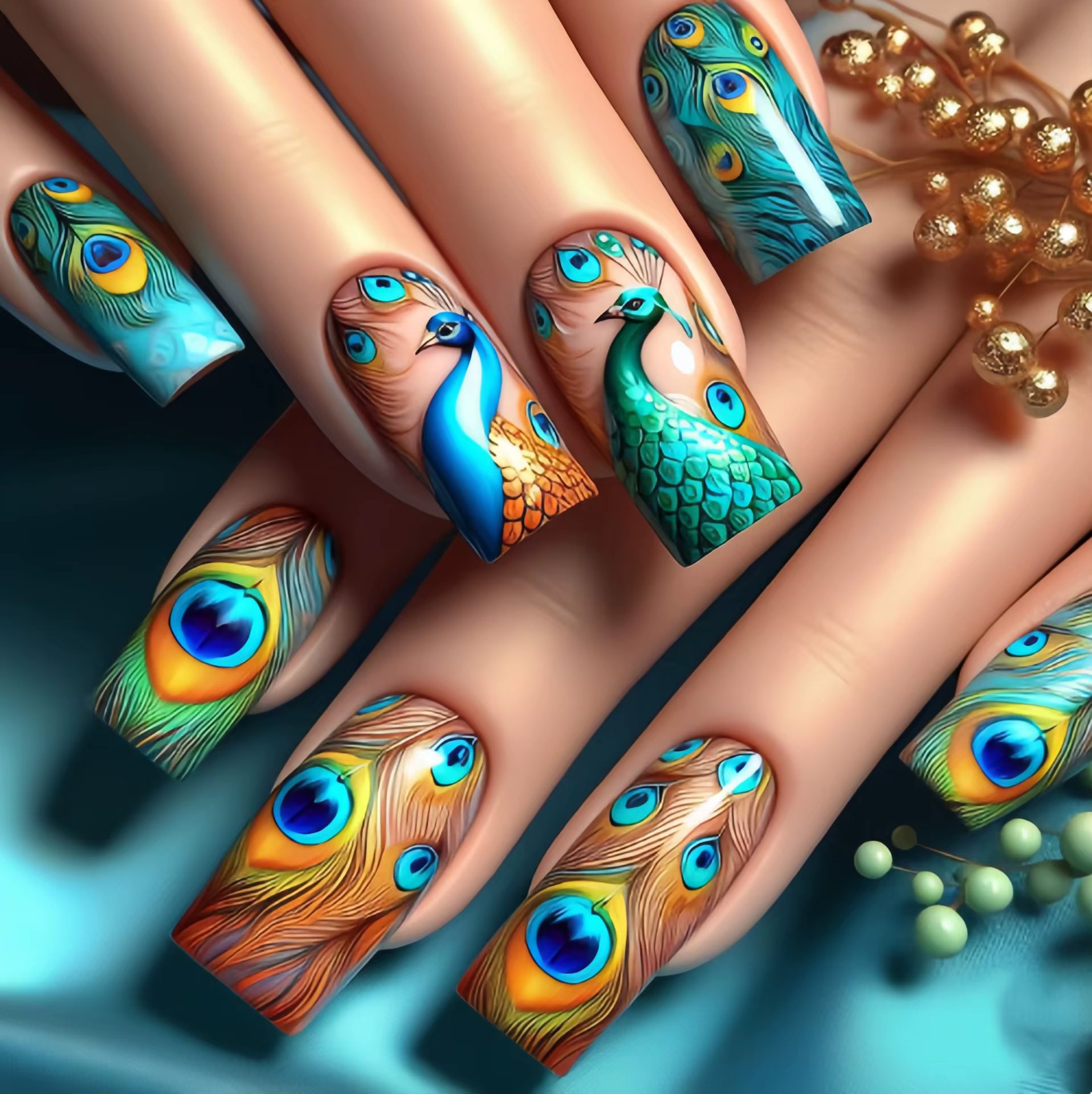 Faux Ongles Mi-Longs à la Mode, Papillon, Plume, Forêt, Vague de Mer, Dégradé, Bleu, Violet, Vert, P