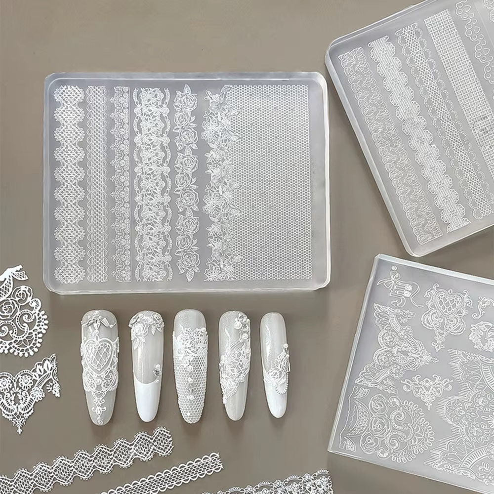 1 pièce Moule en silicone 3D pour nail art, motifs dentelle rose, ajouré, français, à carreaux, brel