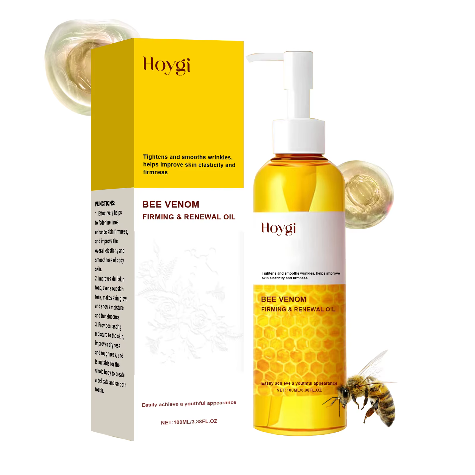 Hoygi Huile corporelle raffermissante au venin d'abeille avec stimulation du collagène 24 heures d'h
