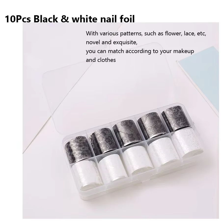 Feuille de transfert de dentelle noire et blanche, 10 rouleaux de 2.5x60cm, pour Nail Art, enveloppe