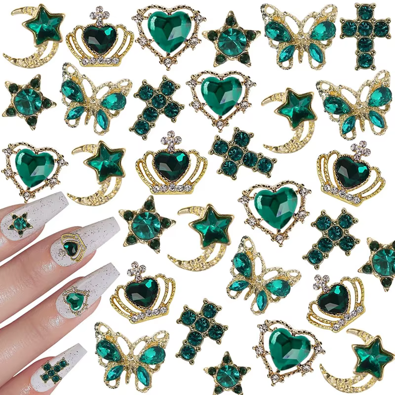 30 Breloques Roses pour Ongles en Alliage, Strass 3D Étoile Papillon Cœur Croix, Pierres Précieuses,