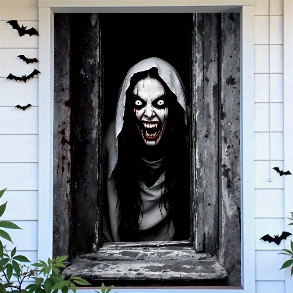 Une seule rideau de Halloween - avec un design terrifiant d'un visage féminin fantomatique, sur le t