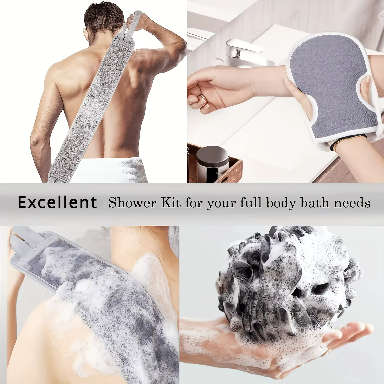 Ensemble d'épurateur corporel exfoliant – comprend un épurateur de dos, un gant de bain et une épong