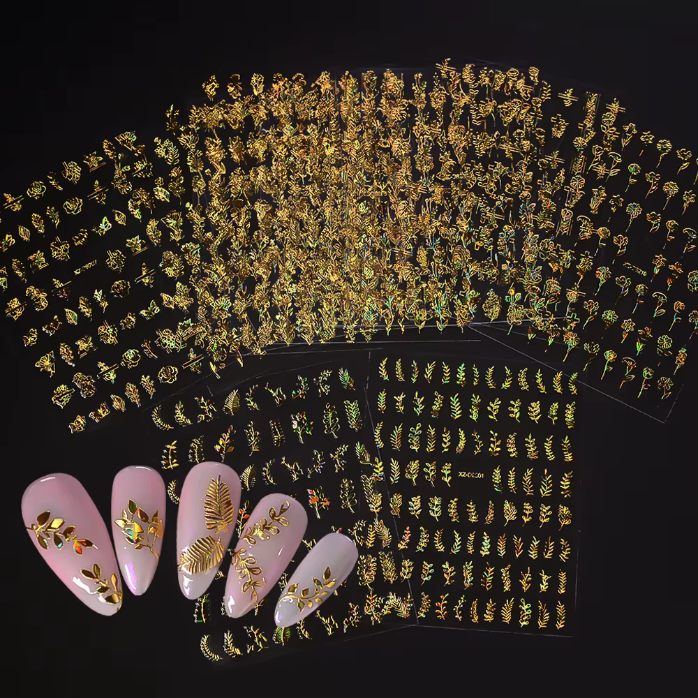 12 pièces/ensemble 3D feuille brillante fleur Nail Art autocollant Laer or bronzant feuilles ongles 
