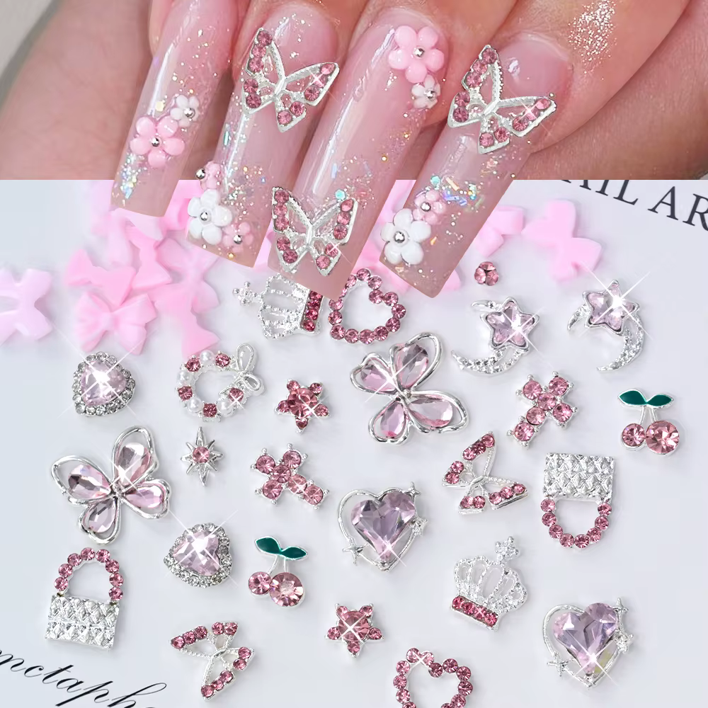 50/58 pièces mixte luxe rose cristal papillon/arc Y2k ongles breloques 3D métal argent alliage Nail 
