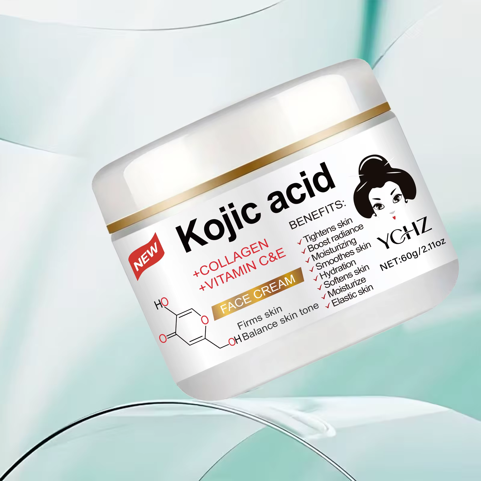 Crème hydratante à l'acide kojique 60g, éclaircit, raffermit et lisse la peau, unifie les tons brun