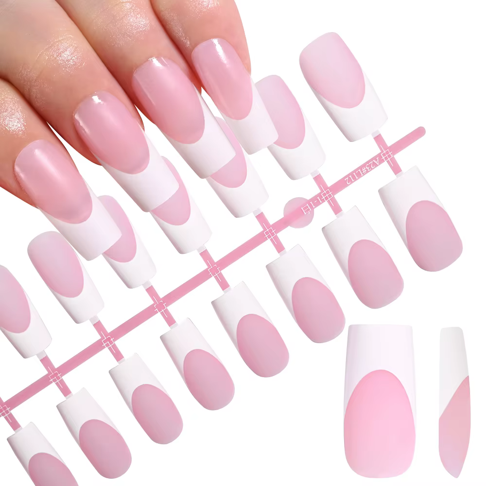 120 faux ongles français carrés moyennement longs en acrylique, à couverture complète, à presser, po