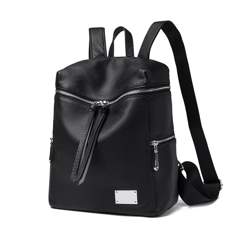Sac à dos noir en cuir véritable, sac pour femme en cuir de vache de style simple, sac à bandoulière