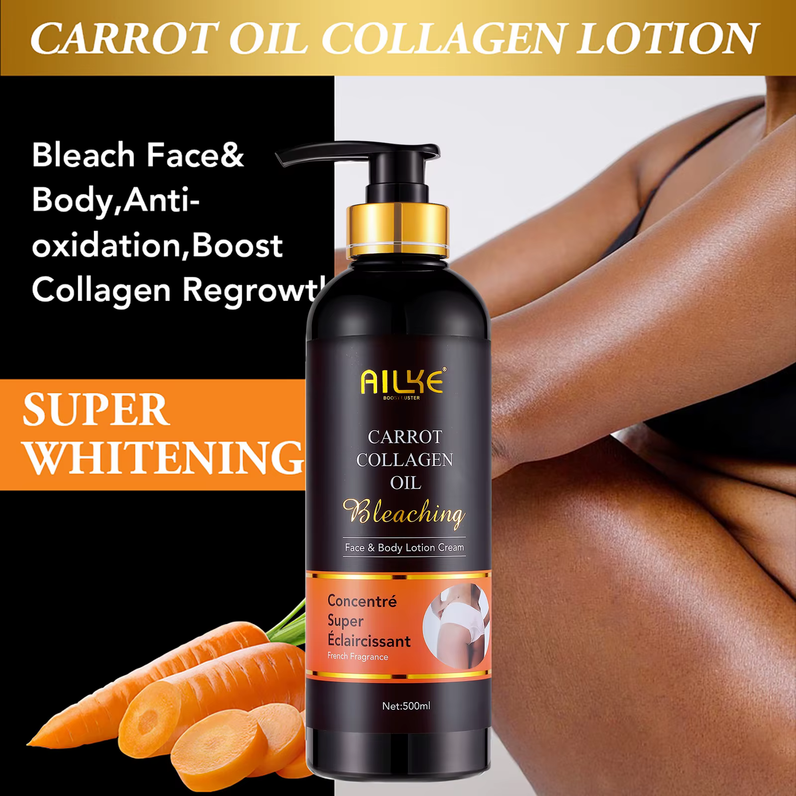 Lotion corporelle éclaircissante et hydratante AILKE, pour peaux foncées et noires, avec collagène, 