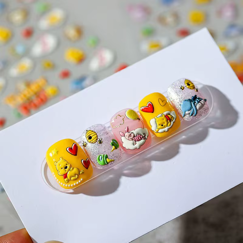 Autocollants pour ongles en relief 5D, nouveau dessin animé Disney Winnie l'ourson, autocollants à p