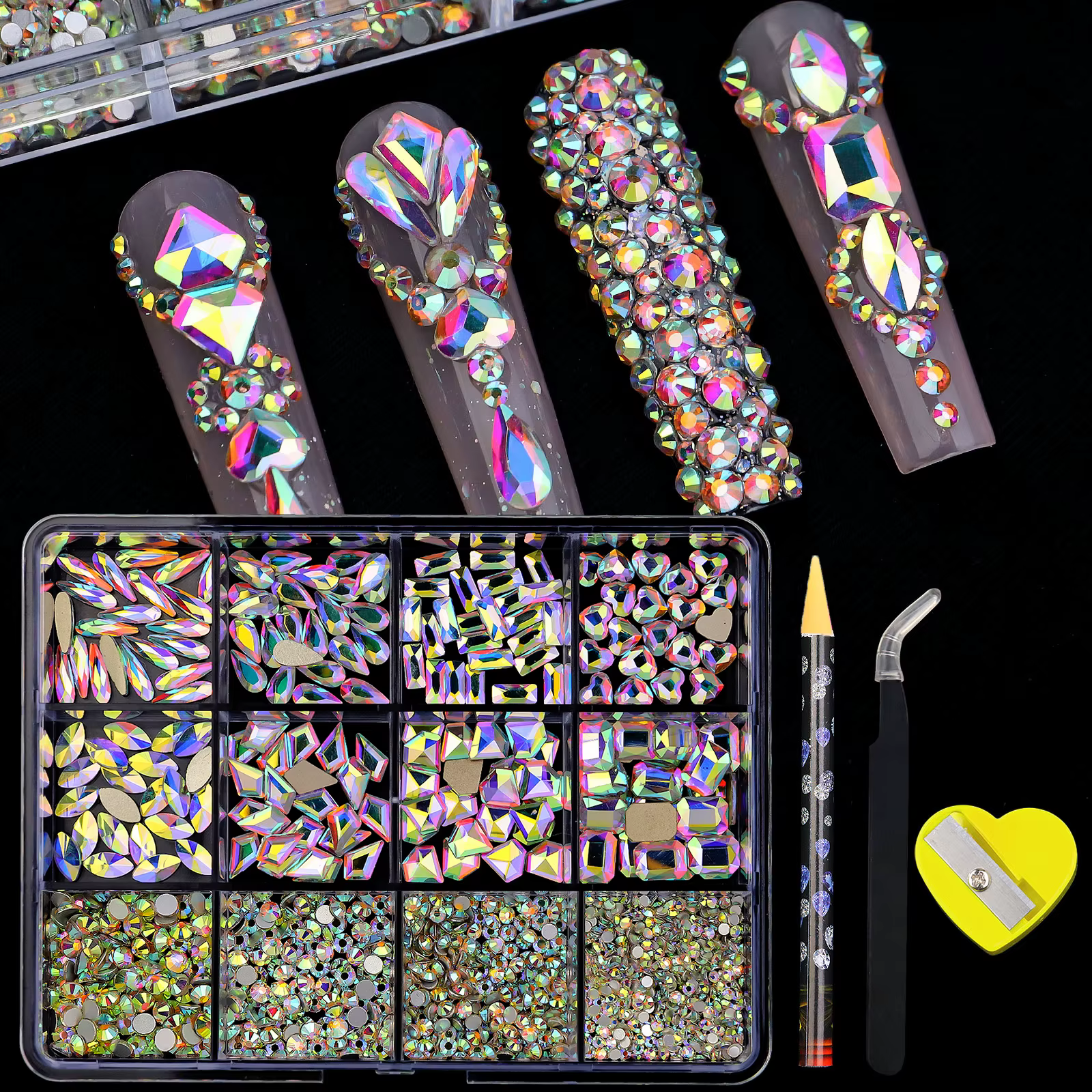 780-980 pièces 3D multi-formes luxe Nail Art strass clair/AB/rouge/bleu foret à fond plat avec stylo