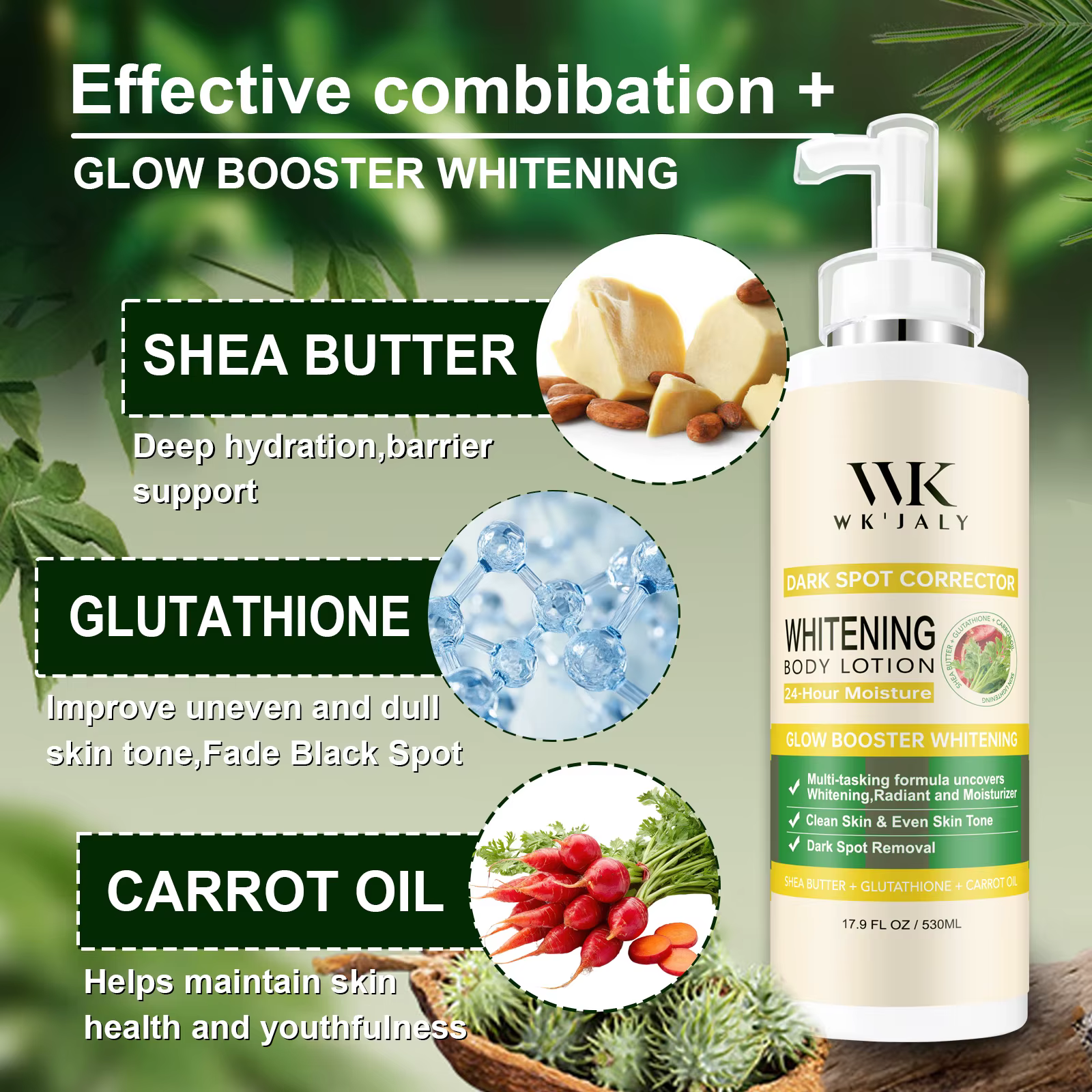 WK JALY Lotion pour le corps blanchissante Glow Booster, avec glutathion, élimine les taches foncées