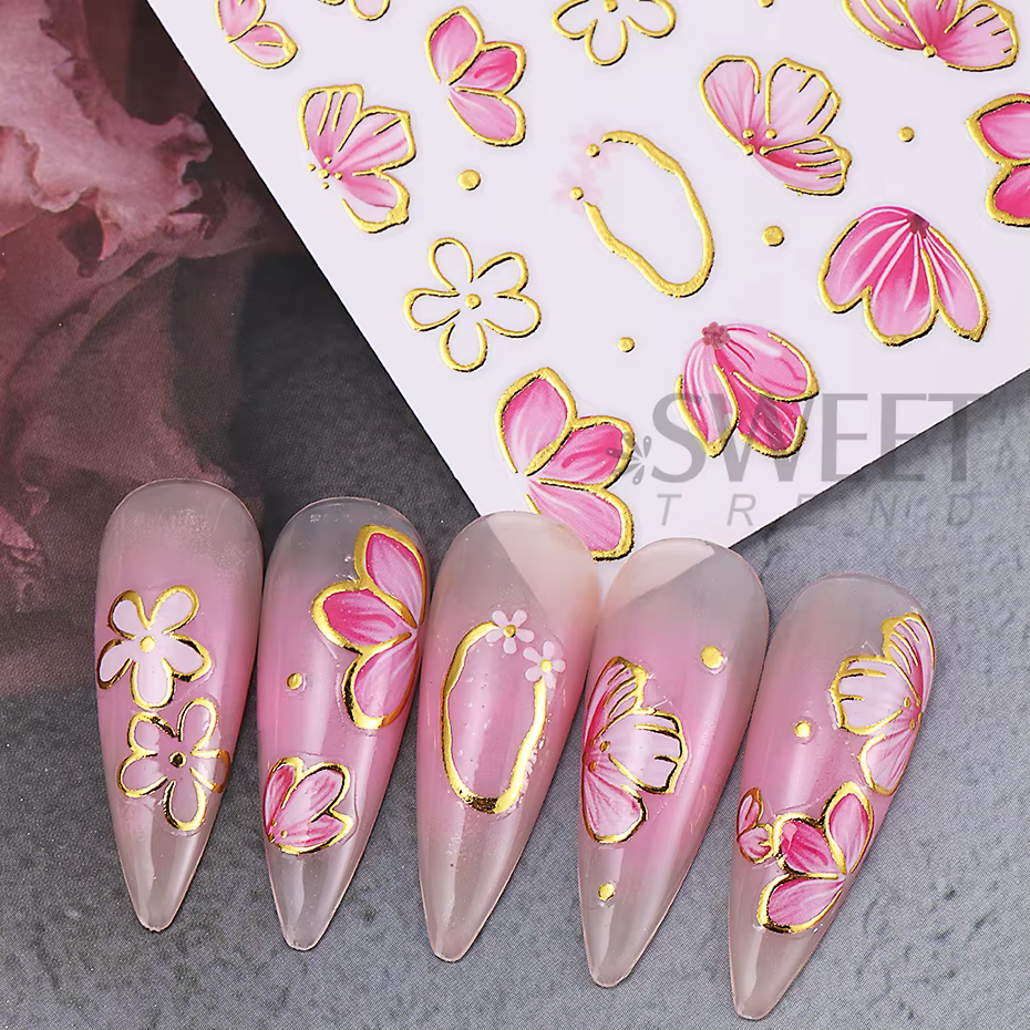 Autocollants pour ongles fleur d'hibiscus rose doré, 2/3 pièces, pétales de bordure bronzants 3D, cu