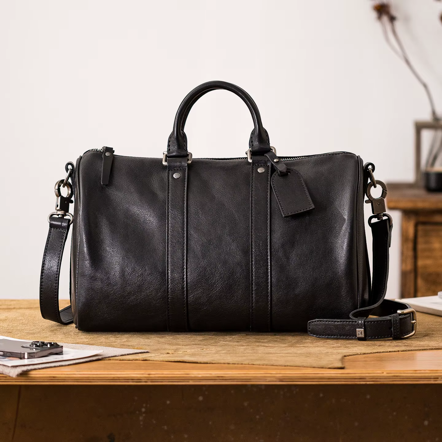 week-end en plein air fait à la main de luxe en cuir véritable hommes sac à bandoulière noir mode dé