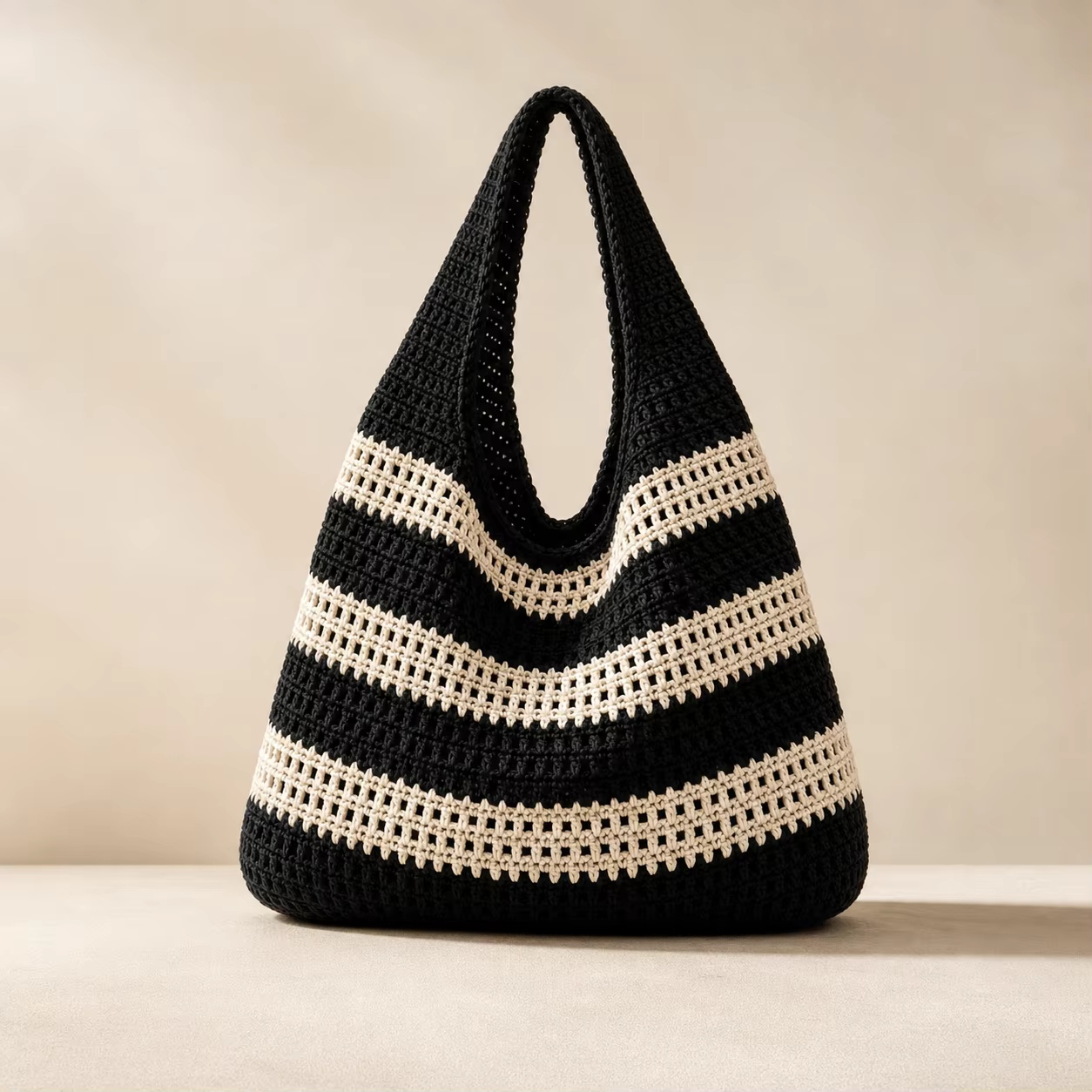 Sac à main en crochet pour femme, style rétro, fait main, rayé, décoratif, à bandoulière, grande cap