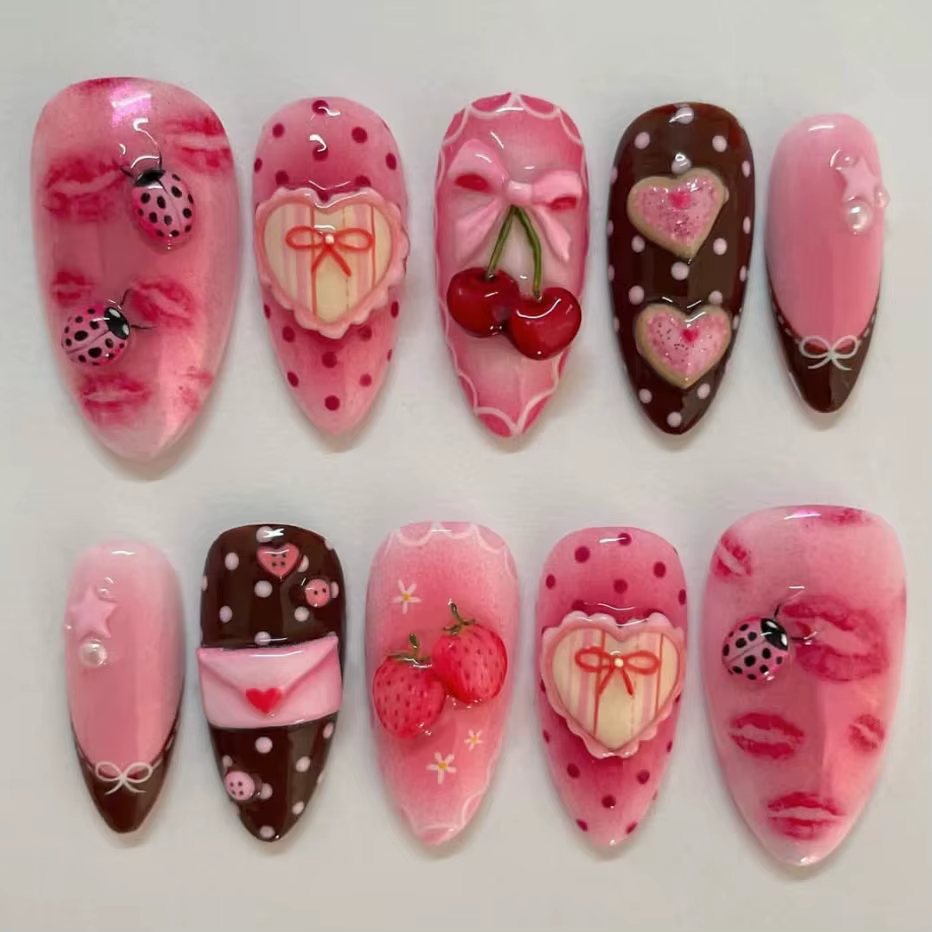 24 faux ongles à presser, motif nœud fraise, courts, en amande, rouge, avec perles et étoiles, pour