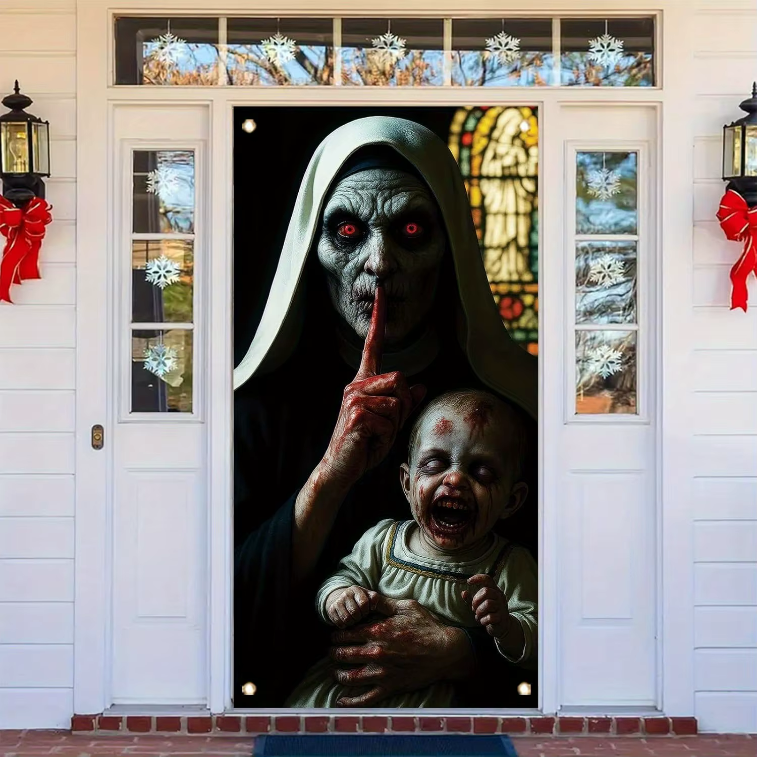 Une décoration de porte d'Halloween, un bannière terrifiuse zombie, monstres eerie, un rideau de por