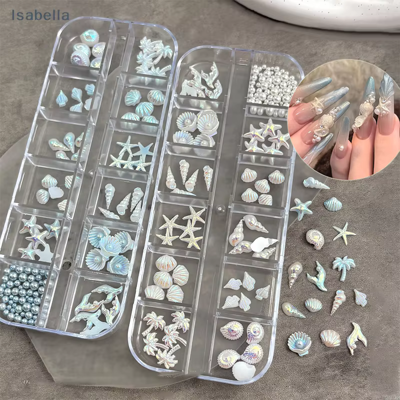 💕 12 grilles/boîte 3D étoile de mer et coquille décorations Nail Art, coquillage aurore et palmier b