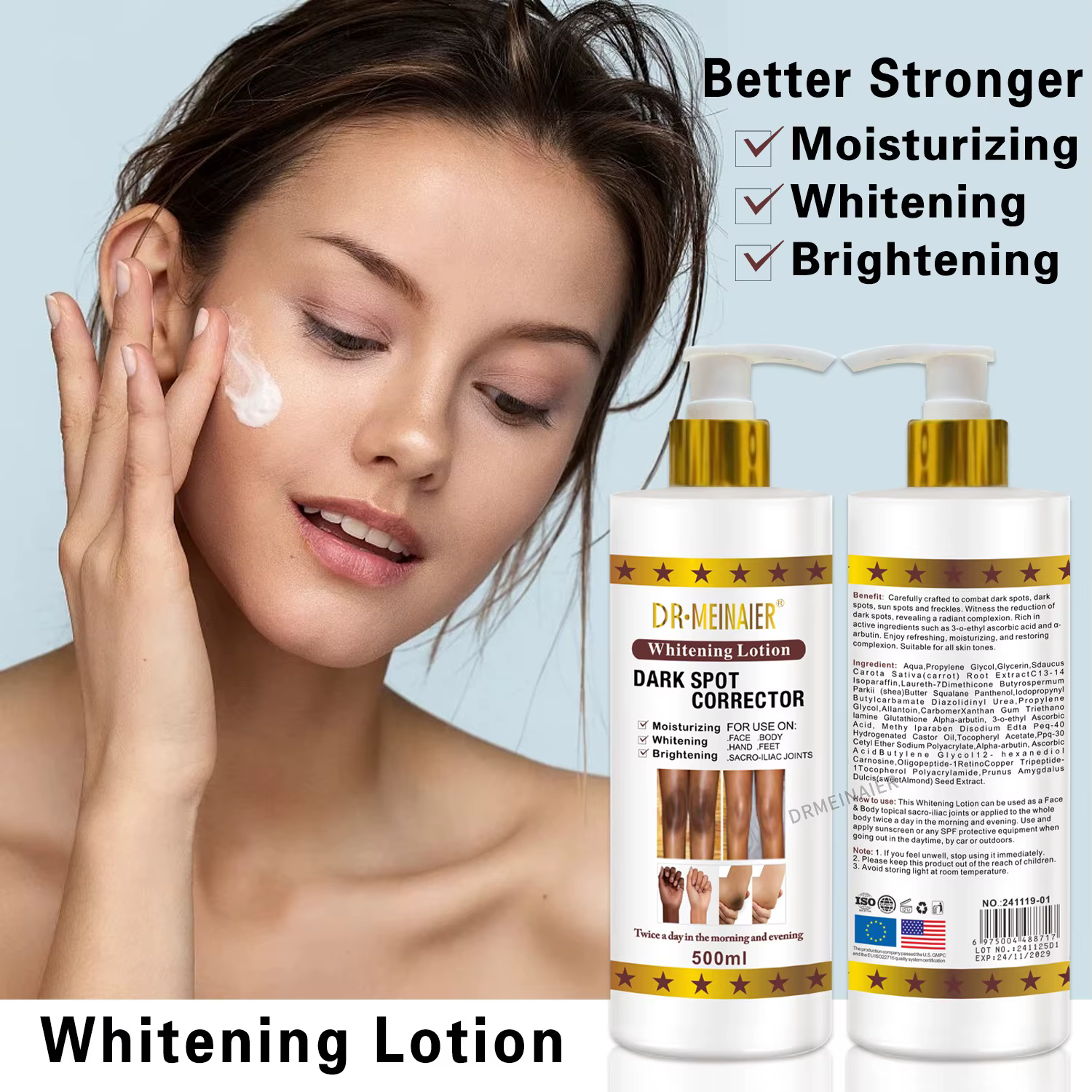 Lotion pour le corps éclaircissante végane 500 ml, avec AHA, niacinamide, hydratante, hydratation, p