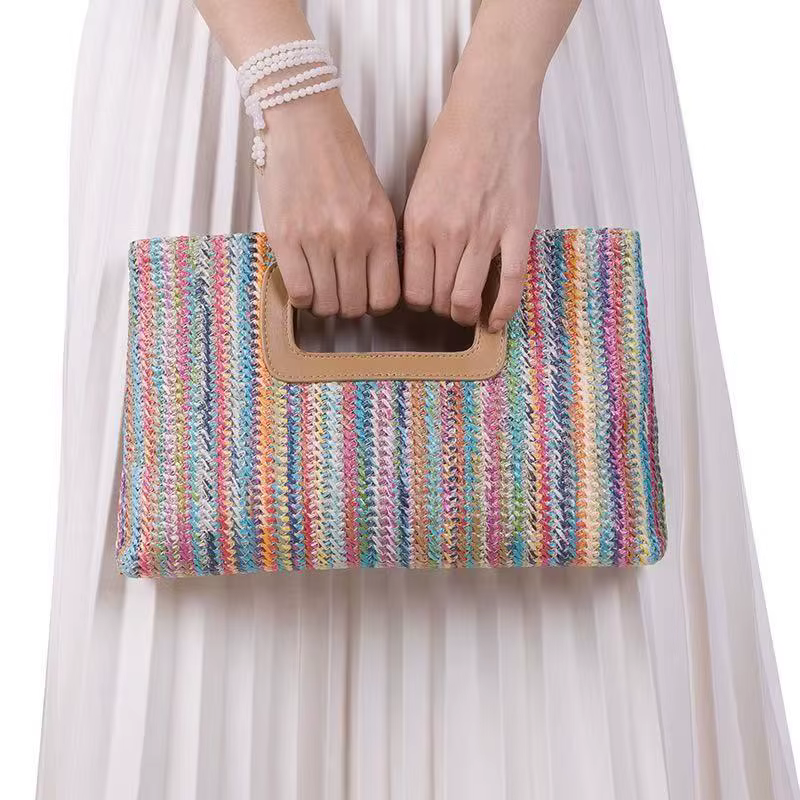 Sac à main pour femme en paille avec bandoulière chaîne et poignée supérieure, style bohème décontra