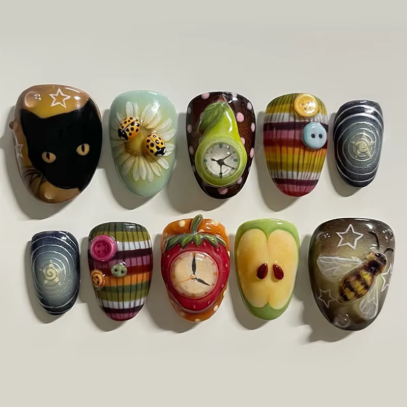 24 faux ongles en amande mi-longs à presser avec motif fleur insecte, couverture complète, réutilisa