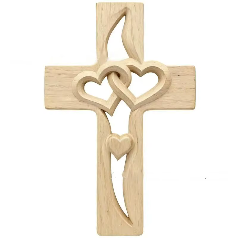 Décoration murale en bois rustique avec croix de cœurs entrelacés sculptée à la main, sculpture mura