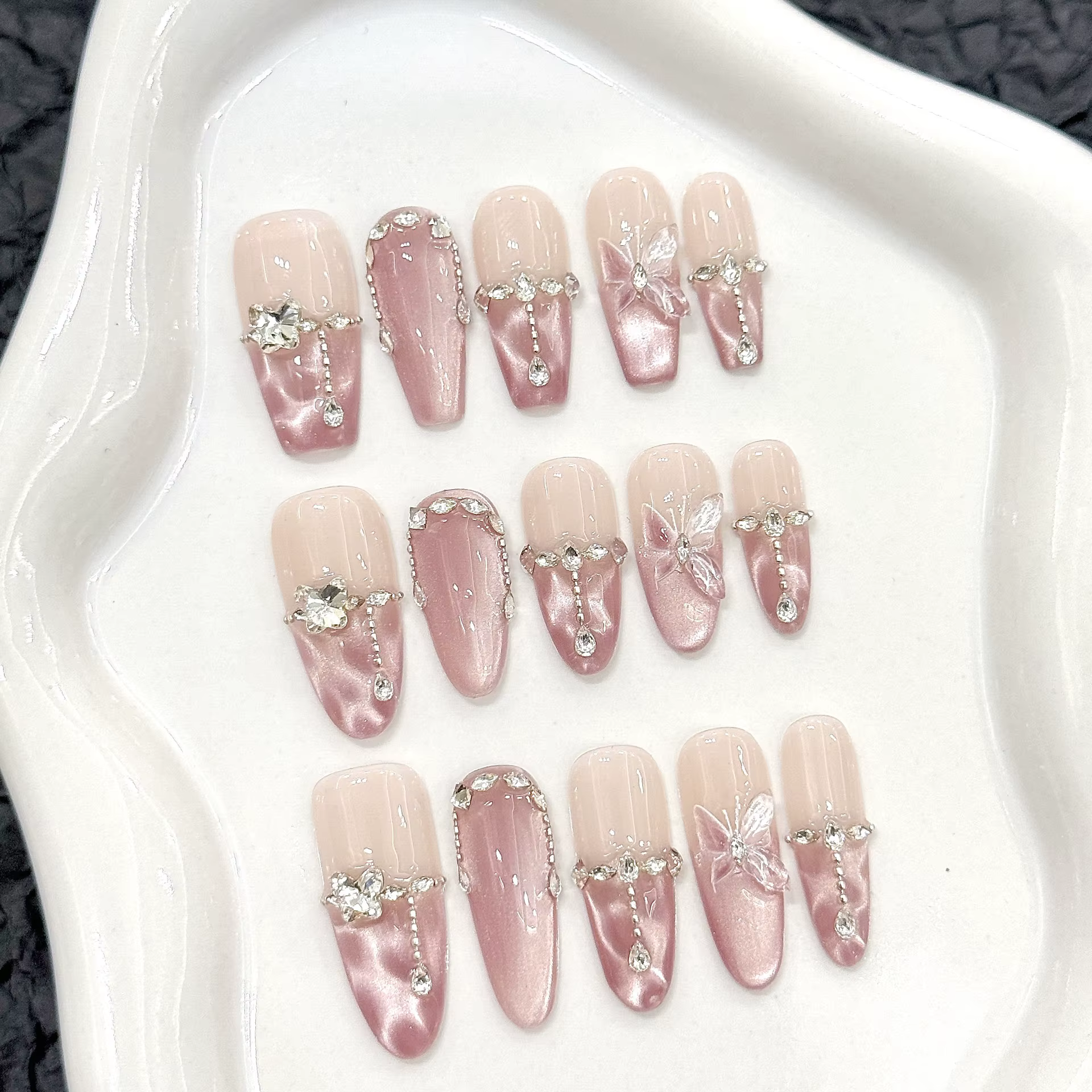 10 pièces presse à la main sur les ongles rose papillon conception faux ongles portable réutilisable