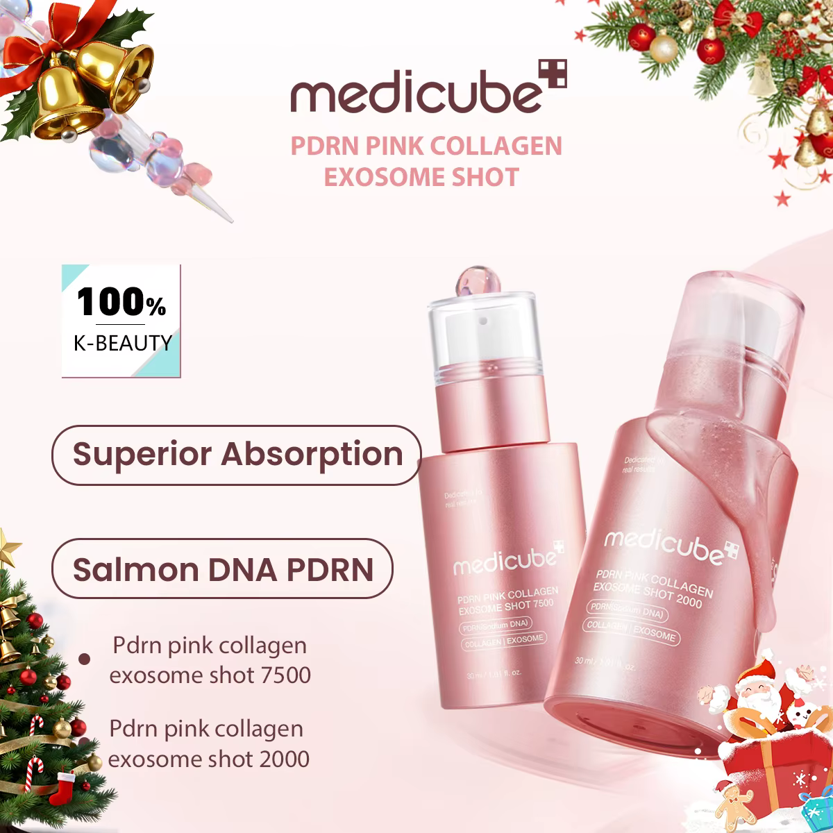 Medicube PDRN Shot d'exosome de collagène rose, liquide transparent rose, léger et absorbant rapidem