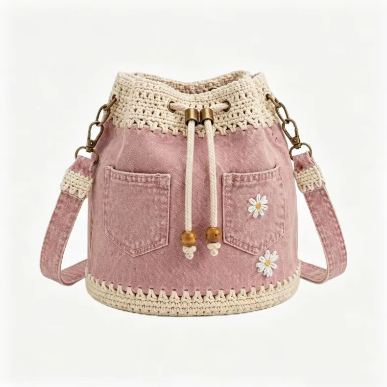 Sac seau en jean au crochet, sac fourre-tout à fleurs au crochet fait main, sac bandoulière à cordon