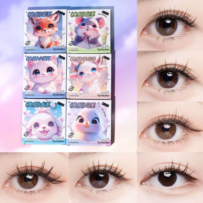 Faux cils sans colle – Série animale, boucles et volume naturels, bande fine segmentée pour une appl