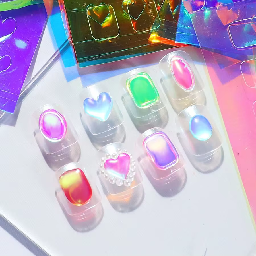 11 feuilles d'autocollants en verre de glace Aurora pour Nail Art, grandes décalcomanies holographiq