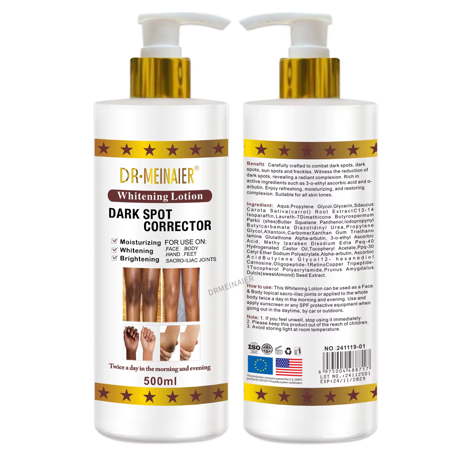 Lotion pour le corps éclaircissante végane 500 ml, avec AHA, niacinamide, hydratante, hydratation, p