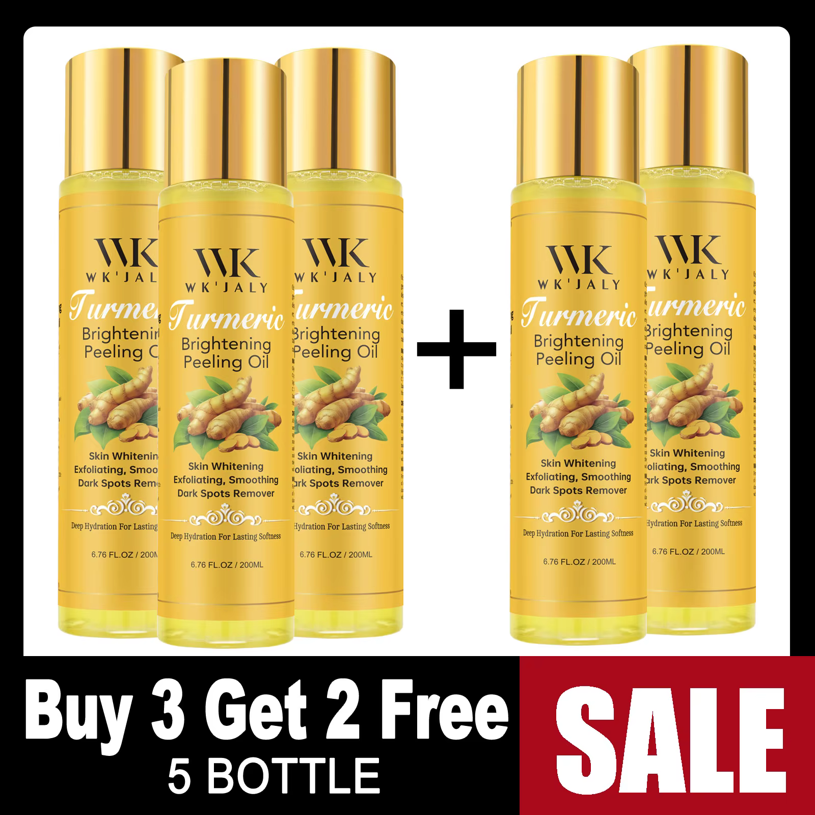 WK JALY Huile exfoliante jaune pour tous les tons de peau, au curcuma naturel, éclaircissante, améli